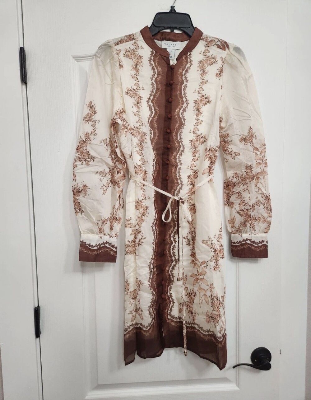 Calypso St Barth Floral Shirt Dress Rust Cream Crochet Button S Boho Lined NWT